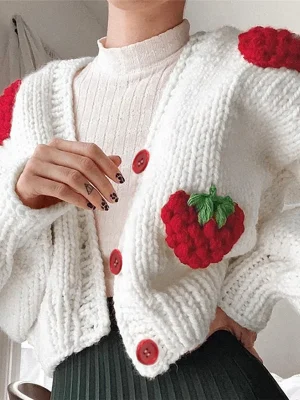 Winter Strawberry Embroidery Cardigan Women Fashion Streetwear Short Sweaters