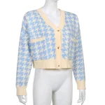 Houndstooth Plaid Print V Neck Knitted Cardigan For Women - Image 11