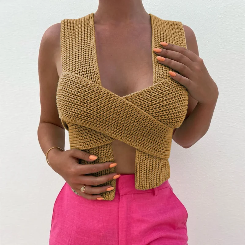 Sleeveless Knitted Crop Sweater Sexy Autumn Summer Fashion - Image 22