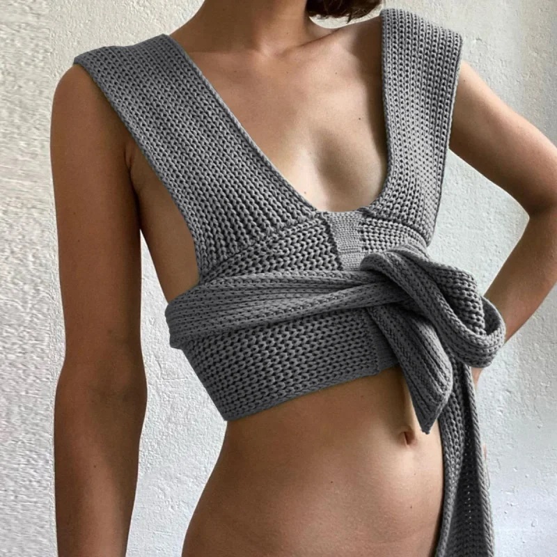 Women Sweater Vest Hollow Out Cross Bandage Diy Sexy Sweater - Image 5