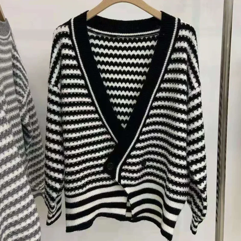 Women Cardigans 2024 Korean Style Striped Knitted Sweater - Image 5