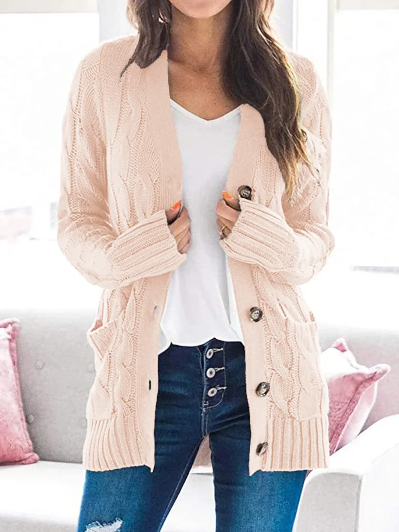 Winter Cardigan Women V Neck Single Breasted Solid Knitted Sweater Coat - Image 16