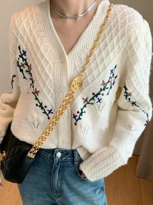 Flower Embroidery Cardigan Women Korean Fashion Vintage V Neck