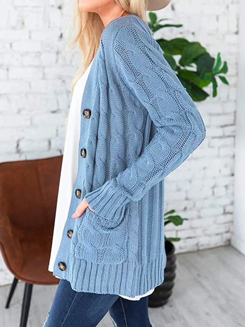 Winter Cardigan Women V Neck Single Breasted Solid Knitted Sweater Coat - Image 11