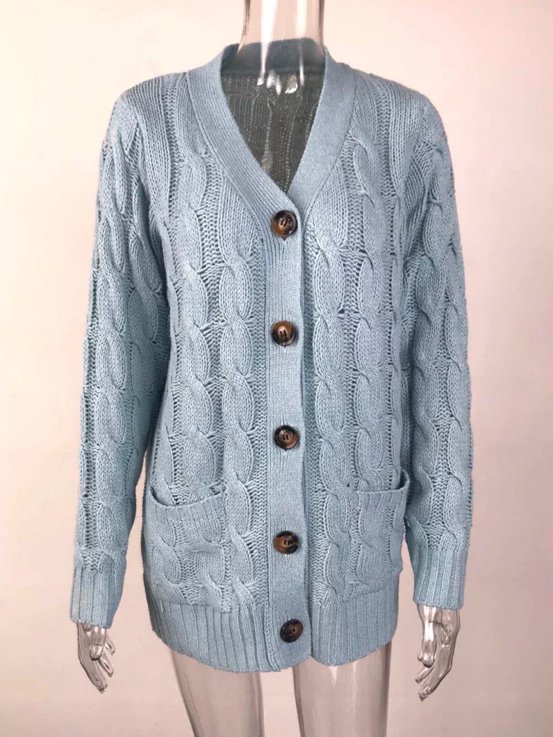 Winter Cardigan Women V Neck Single Breasted Solid Knitted Sweater Coat - Image 20