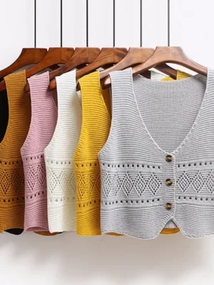 Korean Fashion V Neck Loose Sleeveless Sweater Vest Women Knitted Hollow Out