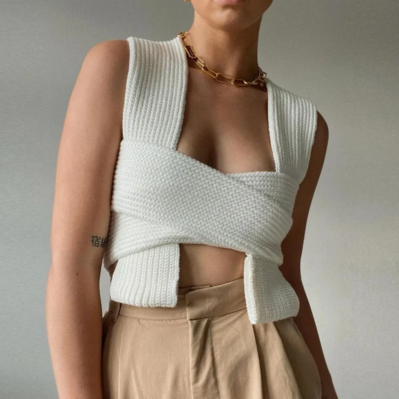 Sleeveless Knitted Crop Sweater Sexy Autumn Summer Fashion - Image 3