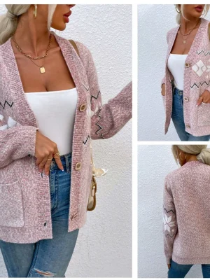 Winter Snowflake Print Cardigan Women Long Sleeve Knitted Sweater Coat