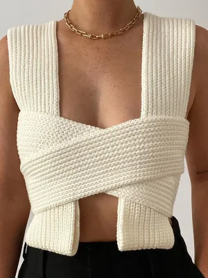 Sexy Cross Bandage Kniited Tank Top Women 2024 Summer Fall