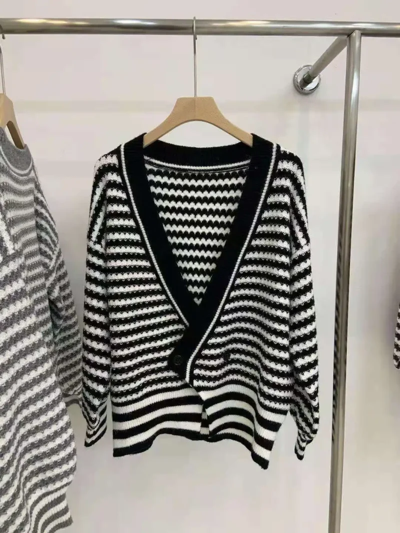 Women Cardigans 2024 Korean Style Striped Knitted Sweater - Image 8
