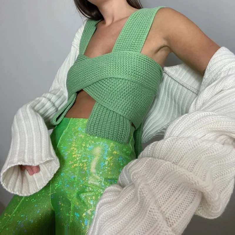 Women Sweater Vest Hollow Out Cross Bandage Diy Sexy Sweater - Image 3