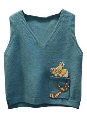 Sleeveless V Neck Cartoon Knitted Sweater Vest Women 2024