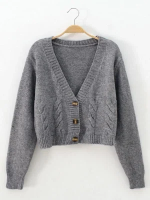 Fall Winter Short Solid Color Cardigan Women Single Breasted Knitted Sweater Coat Womens V Neck Jacket High Waist Fall New Tops