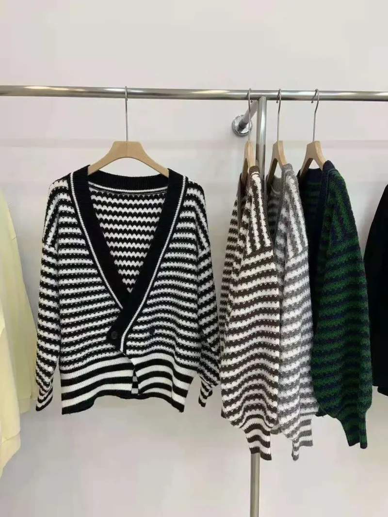 Women Cardigans 2024 Korean Style Striped Knitted Sweater - Image 7