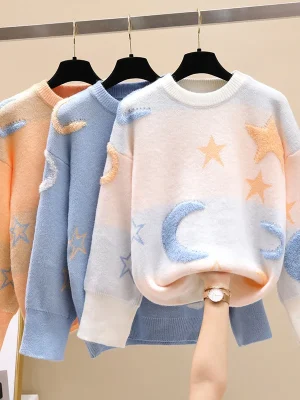 Korean Fashion Moon Stars Loose Sweater Women 2024