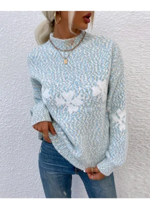 Christmas Snowflakes Sweater Women Half Turtleneck Knitted