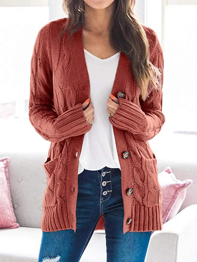 Winter Cardigan Women V Neck Single Breasted Solid Knitted Sweater Coat - Image 9