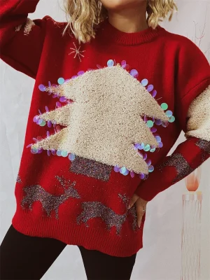 Winter Sequin Deer Christmas Sweater For Women