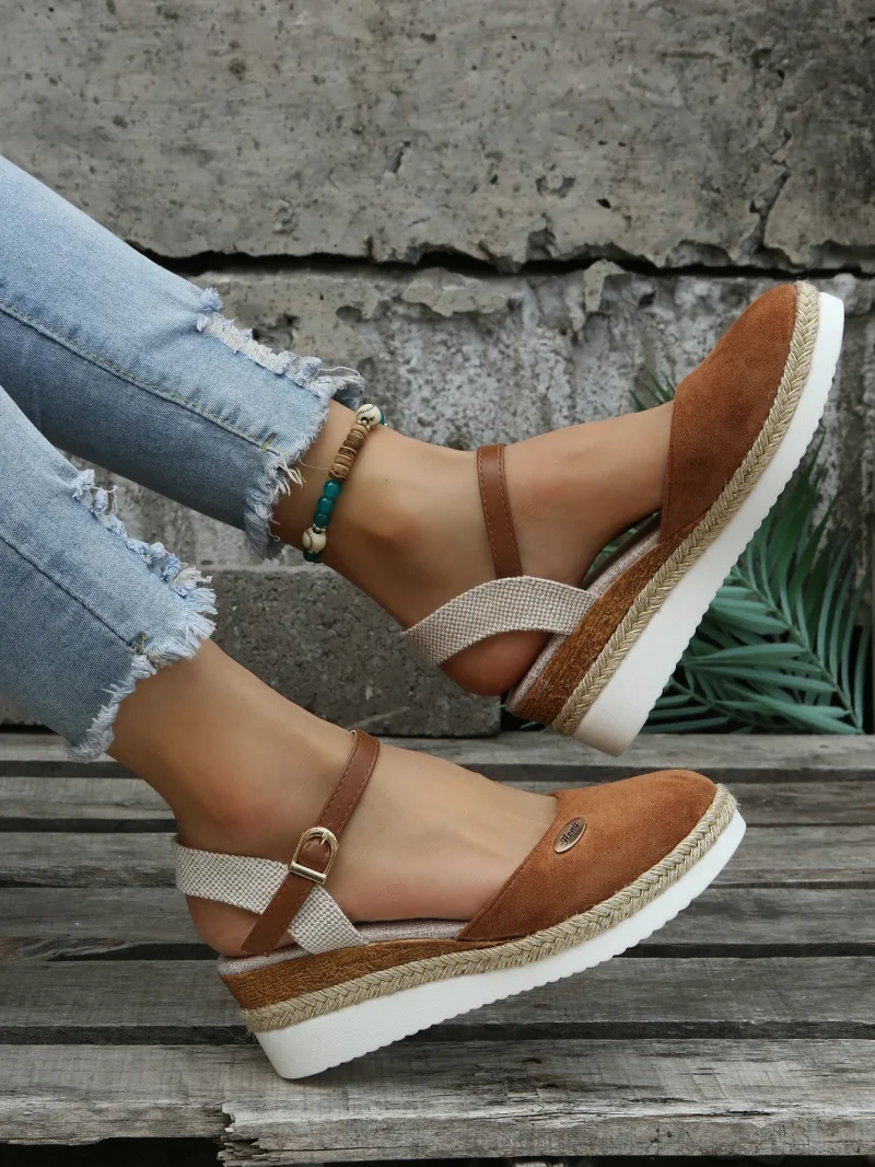 Women Linen Plain 6cm Wedge Sandals Bohemian Handmade Ladies - Image 11