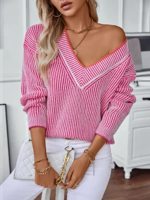 Women’s Autumn V Neck Striped Sweater Long Sleeve