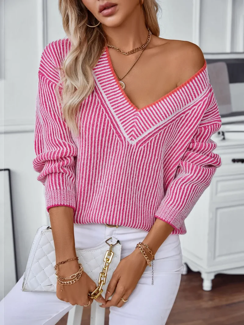 Women's Autumn V Neck Striped Sweater Long Sleeve