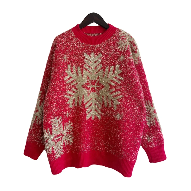 Snowflake Gold Thread Elk Christmas Sweater Women 2024 - Image 2