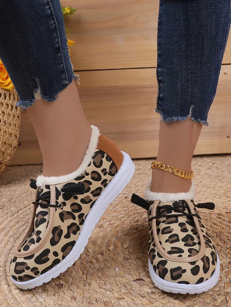 Women Fluffy Fur Snow Boots Women Autumn Winter Leopard Print Flat - Image 5