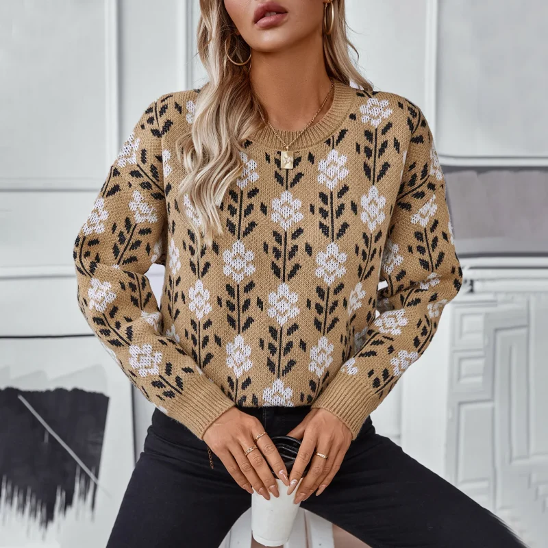 Winter Cloth Women Floral Knitted O-Neck Pulovers Fashion Long Sleeve - Image 6
