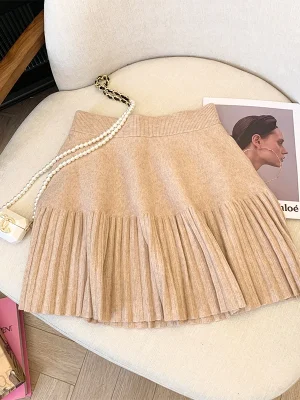 Autumn Pleated Women Mini Skirts Korean Sweet Knitted