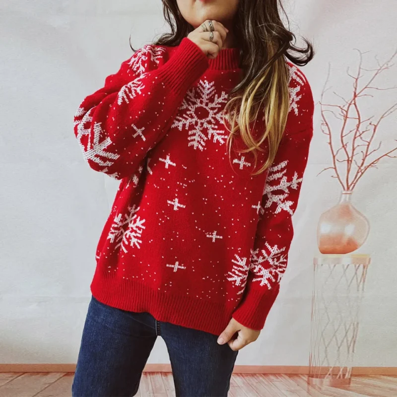 Clothes Christmas Sweater Snowflake Print O- Neck Long Sleeve Knitted - Image 3