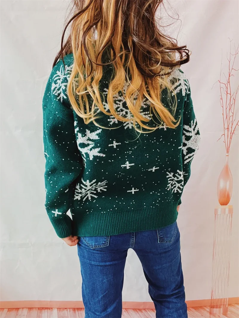 Clothes Christmas Sweater Snowflake Print O- Neck Long Sleeve Knitted - Image 12