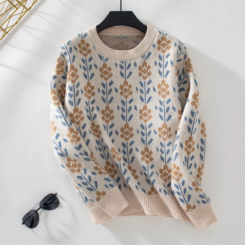 Winter Cloth Women Floral Knitted O-Neck Pulovers Fashion Long Sleeve - Image 2