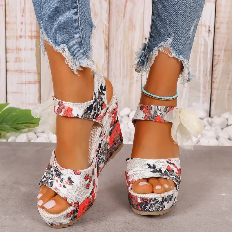 Female Open Toe Platform Sandals Fashion Flower Print Lace-up Wedges High Heels - Image 11