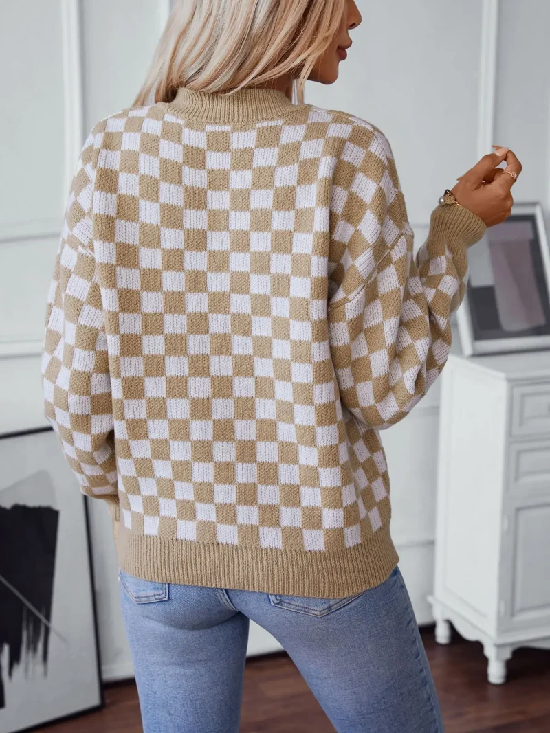 Autumn Winter Cloth Women's V-Neck Long Sleeve Plaid Sweaters - Image 8