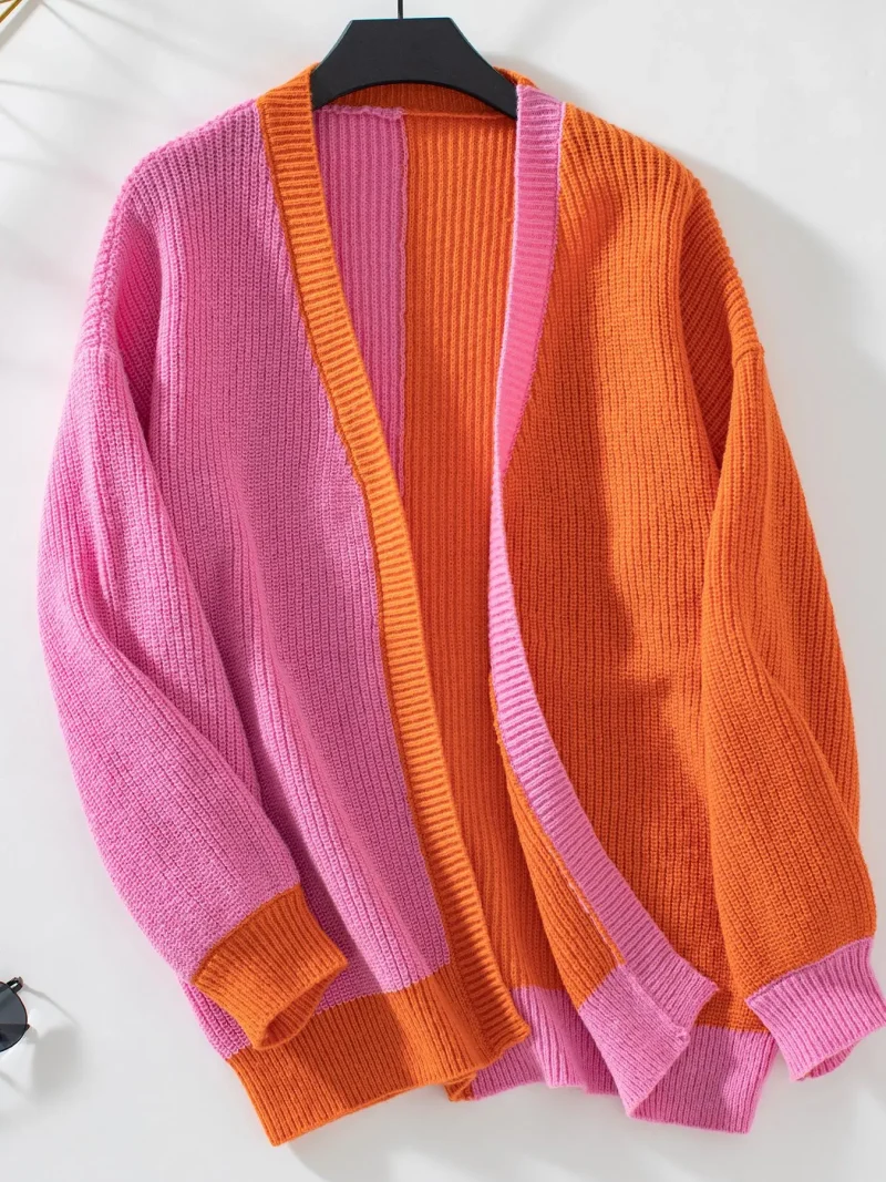 Women's Color Patchwork Loose Long Sleeve Cardigan - Image 12