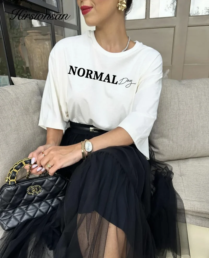 Hirsionsan "Normal Day" Letter Printed T-shirt Summer Women's Cotton Short sleeved T-shirt Women's Plus Size Higt Street Gothic