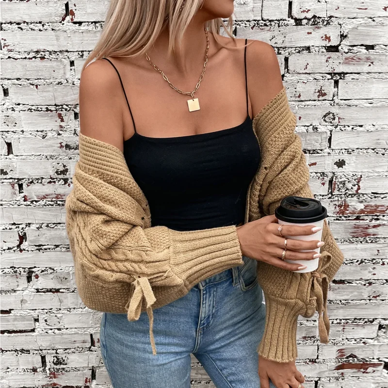 Autumn Bow Lace Up Long Sleeve Knit Short Cardigan Jacket - Image 4