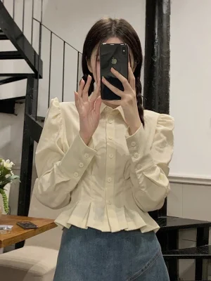 Women Shirts Korean Retro Elegant Chic Long Sleeve Female Blouse