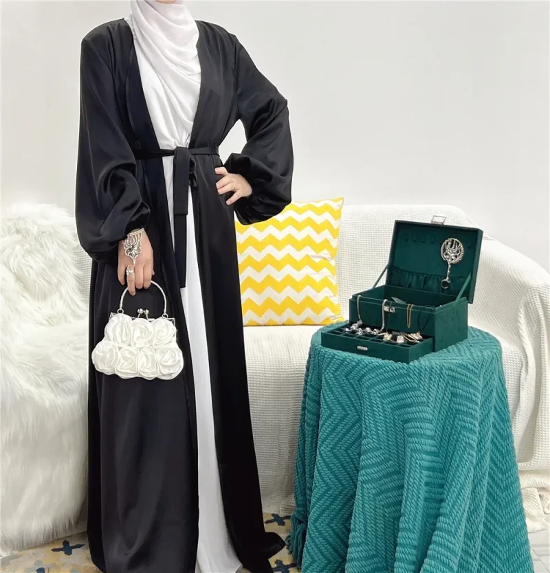Women Abayas Muslim Kaftan Puff Sleeves Lace-up Maxi - Image 4