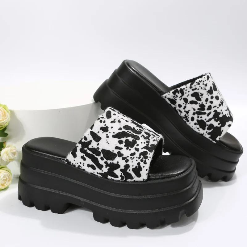 Women Single Band Platform Sandals Black Nylon Chunky Platform Wedges Slipper Sandals - Image 8