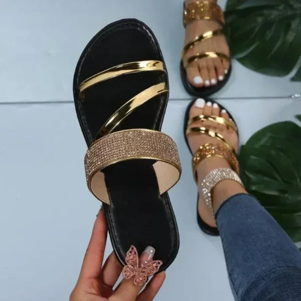 Women's Fashion Gold Silver Patent Leather Flat Heel Sandals - Image 2