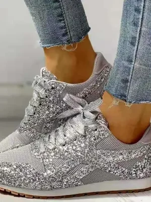 Women Flat Glitter Sneakers Casual Bling Vulcanized Shoes Female