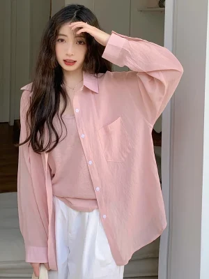 Korean Pink Sweet Short Summer Loose Thin Pocket Long Sleeve