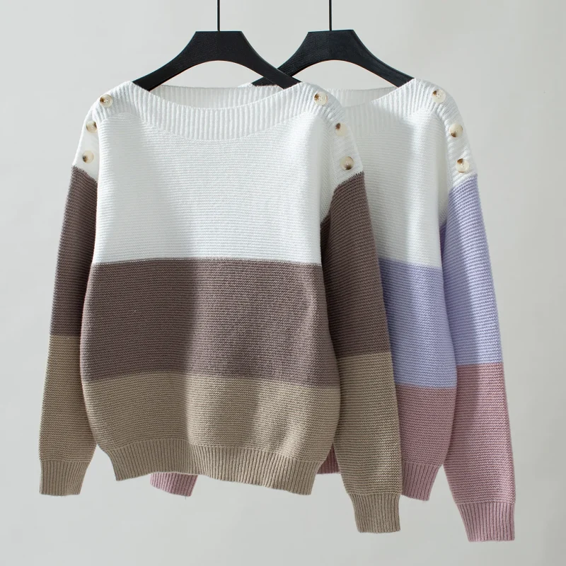 Contrast Color Slash Neck Button Pullovers Women Fashion - Image 12