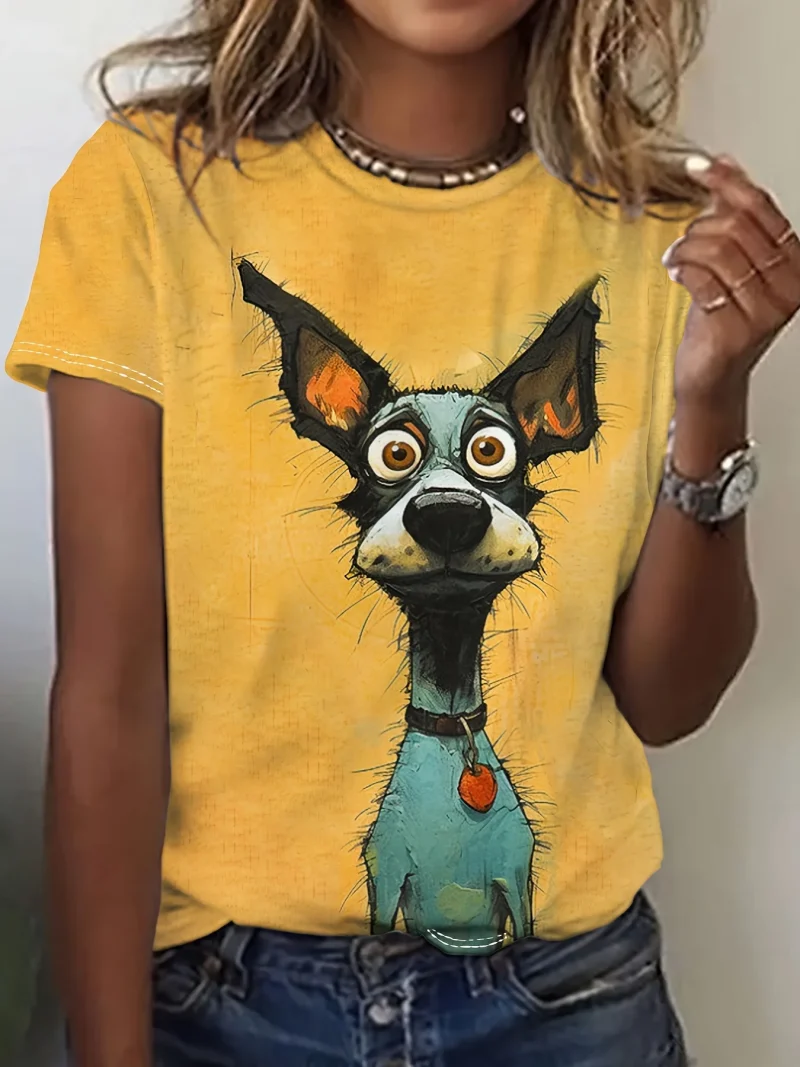 Dog Print Short Sleeve Tee Women's Summer Street Vintage Tee