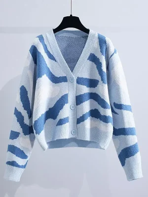 Korean Fashion Zebra Striped V-Neck Short Knitted Cardigan Women