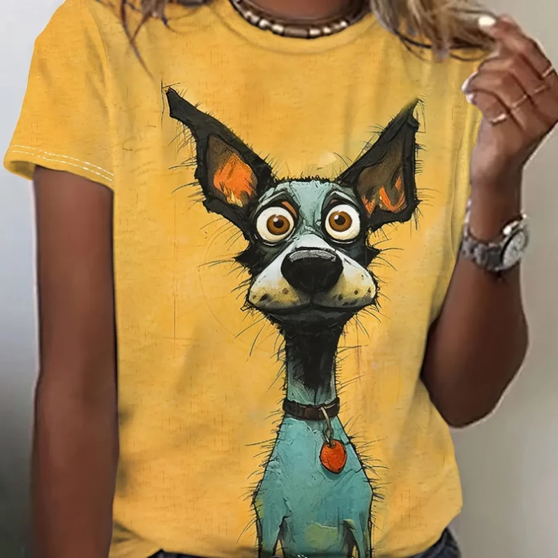 Dog Print Short Sleeve Tee Women's Summer Street Vintage Tee - Image 2
