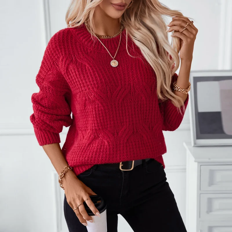Women's Solid Color O-Neck Knitted Pullover Autumn - Image 3