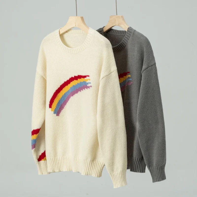 Rainbow Striped O-Neck Pullovers Women Fall Winter Cloth - Image 11