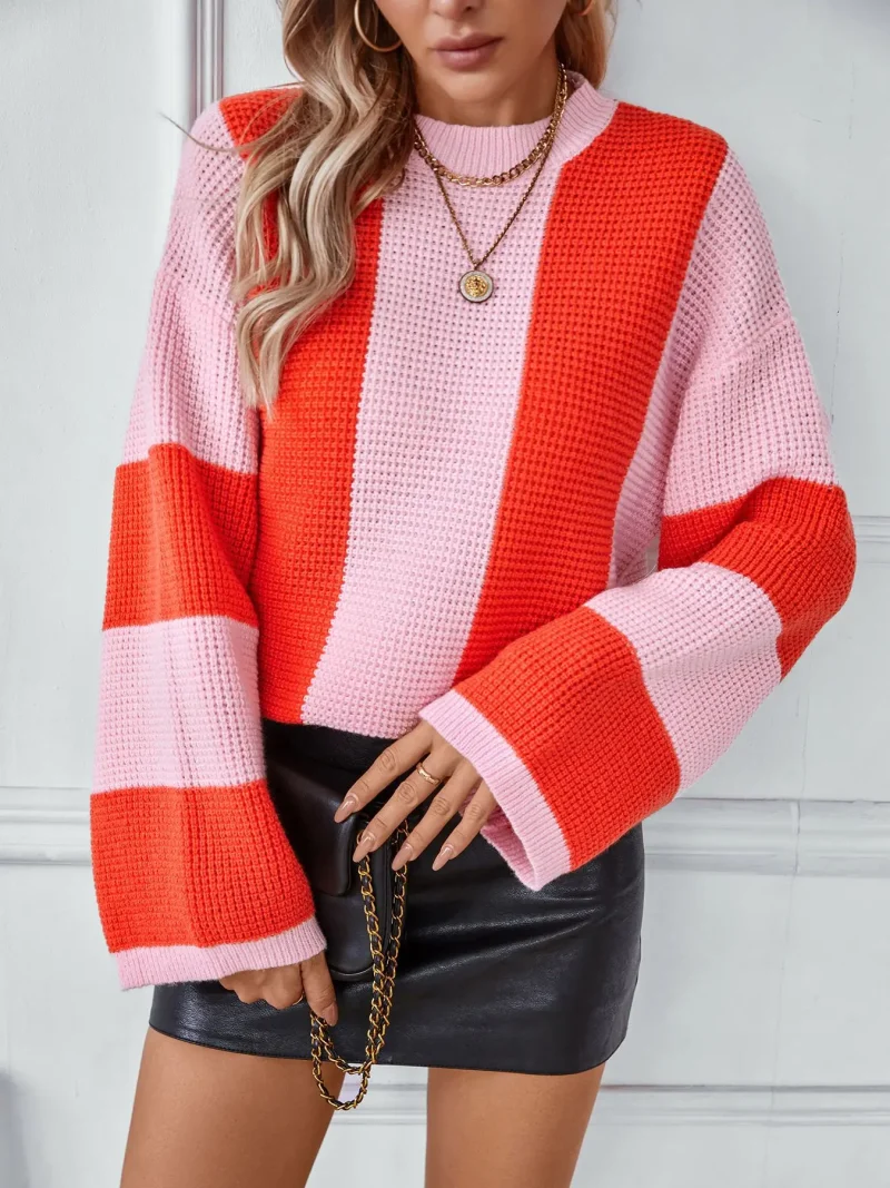 Womne's Contrast Color Striped Knitted Sweater Autumn